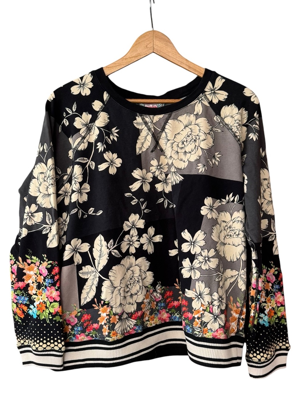 Johnny Was Redland Raglan Crew Neck Sweatshirt Black Ivory Multi Floral Large - Picture 2 of 7